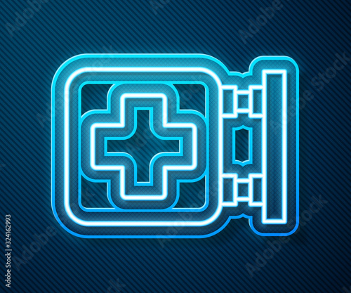 Glowing neon line Hospital signboard icon isolated on blue background. Vector Illustration