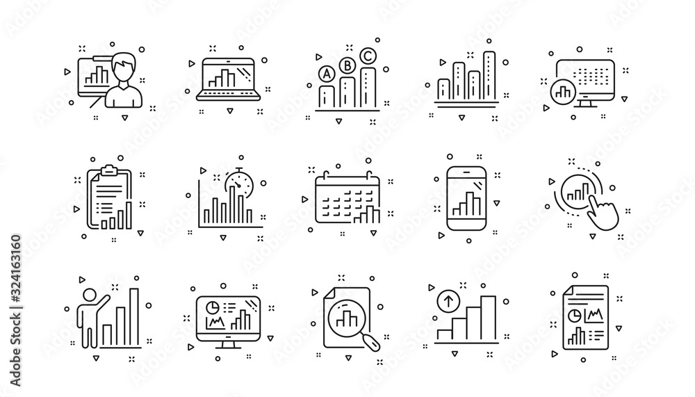 Charts and graphs, Presentation and Report. Graph line icons. Analytics linear icon set. Geometric elements. Quality signs set. Vector
