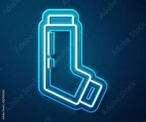 Glowing neon line Inhaler icon isolated on blue background. Breather for cough relief, inhalation, allergic patient. Medical allergy asthma inhaler spray. Vector Illustration