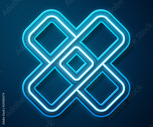 Glowing neon line Crossed bandage plaster icon isolated on blue background. Medical plaster, adhesive bandage, flexible fabric bandage. Vector Illustration