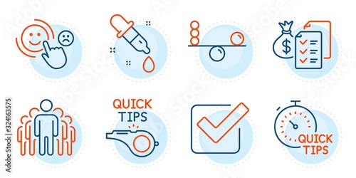 Checkbox, Customer satisfaction and Chemistry pipette signs. Tutorials, Quick tips and Accounting wealth line icons set. Balance, Group symbols. Quick tips, Helpful tricks. Education set. Vector