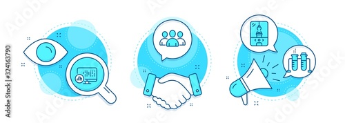Chemistry beaker, Group and Report statistics line icons set. Handshake deal, research and promotion complex icons. Crane claw machine sign. Laboratory flask, Group of users, Graph chart. Vector
