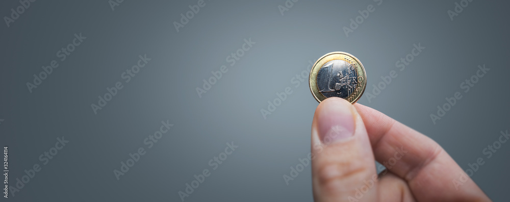 Hand held 1 Euro coin panorama - obrazy, fototapety, plakaty 
