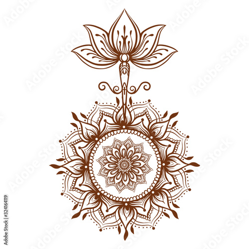 Ornate Lotus flower. Ayurveda symbol of harmony and balance and universe. Tattoo design, yoga logo. Boho print, poster, t-shirt textile. Isolated outline vector illustration.