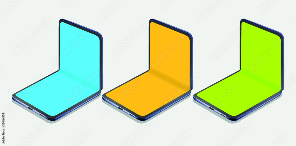 Foldable phone or mobile. Smartphone that folds in middle of screen like a flip phone.Vector.Mockup.