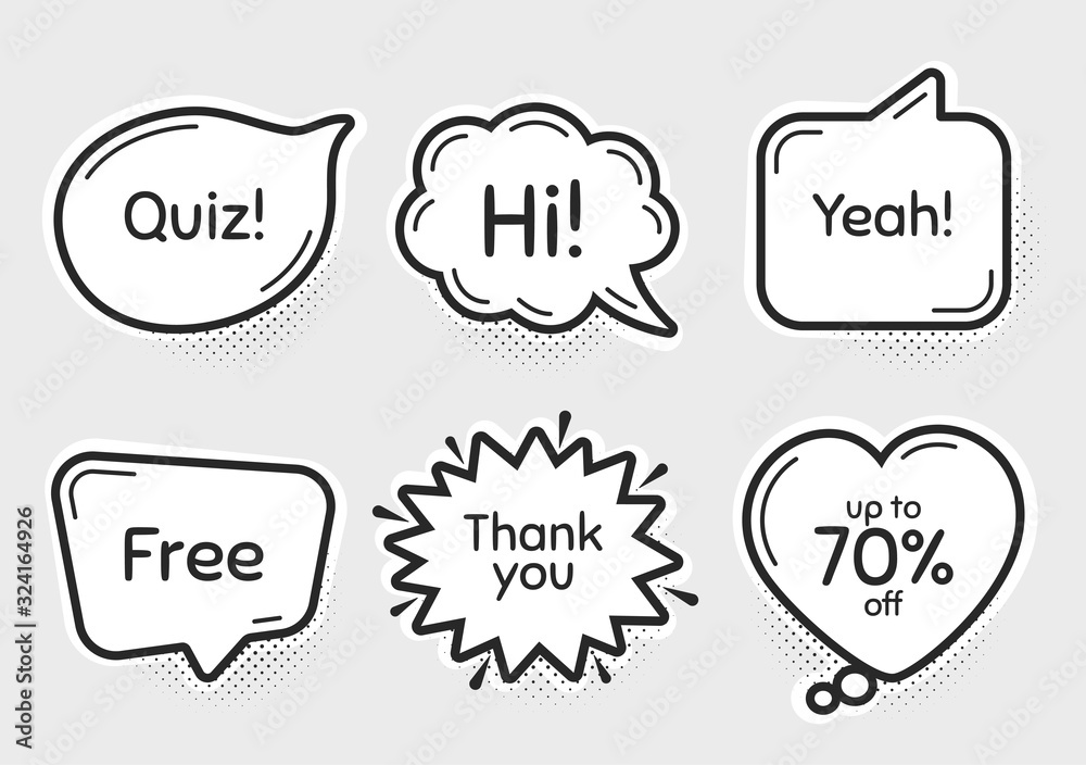 Comic chat bubbles. Quiz, 70% discount and free. Thank you, hi and yeah phrases. Sale shopping text. Chat messages with phrases. Drawing texting thought speech bubbles. Vector Comic chat bubbles. Quiz, 70% discount and free. Thank you, hi and yeah phrases. Sale shopping text. Chat messages with phrases. Drawing texting thought speech bubbles. Vector