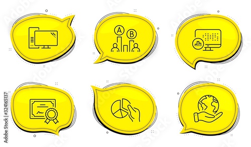 Computer sign. Diploma certificate, save planet chat bubbles. Ab testing, Report statistics and Pie chart line icons set. Test chart, Presentation graph, Pc component. Science set. Vector