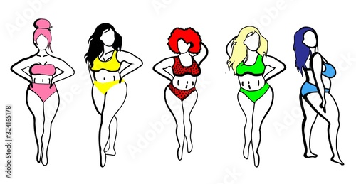Women with different skin colors. Afroamer Ikan, European, Asian, Scandinavian. Body positive concept. Any body is beautiful. Motivational inscription. Women in swimsuits isolated on a white backgroun