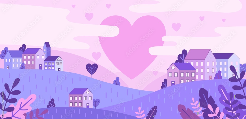 City of love and pink hearts flying in sky vector illustration. Small cute houses in pastel colours cartoon design. Romance and affection and valentines day concept