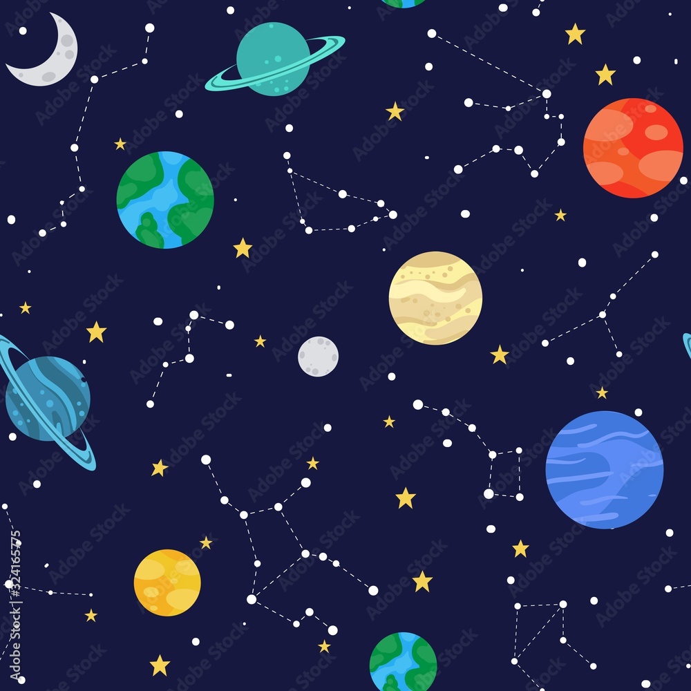 Space seamless pattern with colourful planets and constellations vector illustration. Sky full of yellow stars and zodiac signs cartoon design endless texture. Astronomy concept