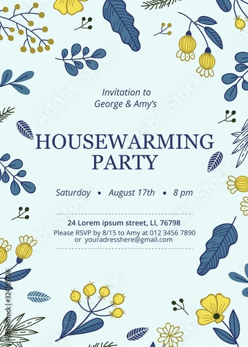 Floral housewarming party invitation template vector illustration. Green coloured paper decorated with flowers flat style design. Festive event and celebration concept