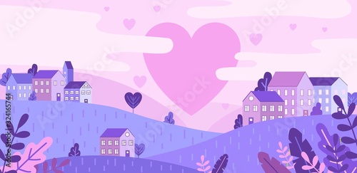 City of love and pink hearts flying in sky vector illustration. Small cute houses in pastel colours cartoon design. Romance and affection and valentines day concept