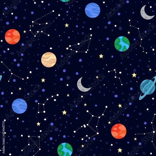 Space elements stars and planets seamless pattern vector illustration. Night sky with zodiac signs, galaxy constellations cartoon design endless texture. Astronomy concept © Microstocker.Pro