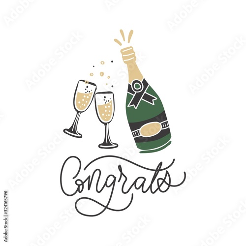 Toasting champagne glasses with congrats lettering vector illustration. Hand written greeting card flat style design. Festive event and cheers. Celebration concept