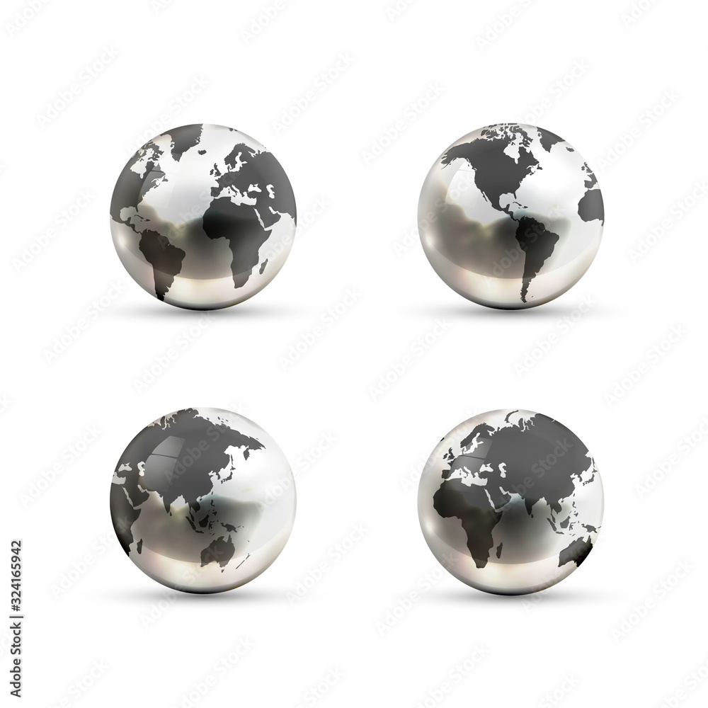 Set of realistic metallic Earth globes icons from different sides on white background