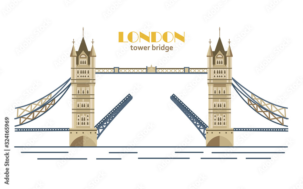 Tower Bridge, vector illustration, flat style. London landmark card. - obrazy, fototapety, plakaty 