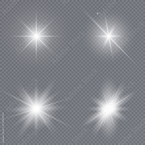 Set of bright stars. Sunlight translucent special design light effect on a transparent background. Vector illustration.