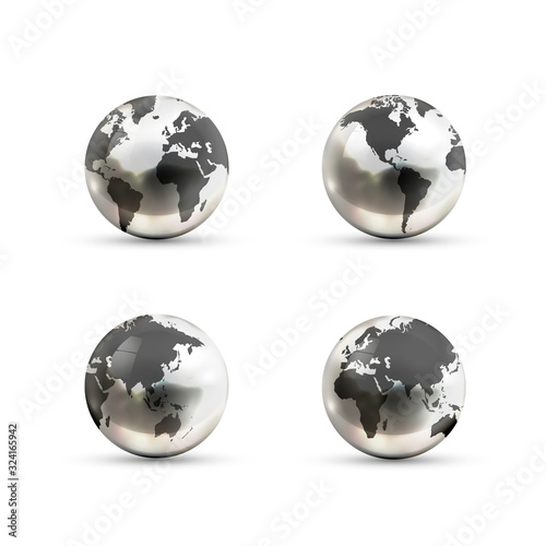 Set of realistic metallic Earth globes icons from different sides on white background