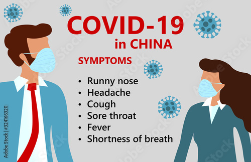 Symptoms of COVID-19 Wuhan Novel coronavirus (2019-nCoV), woman and man in suit with blue medical face mask. Concept of coronavirus quarantine