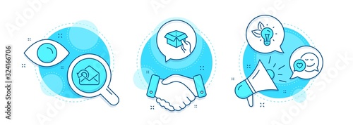 Eco energy, Hold box and Dating line icons set. Handshake deal, research and promotion complex icons. Send mail sign. Lightbulb, Delivery parcel, Love messenger. Sent message. Technology set. Vector
