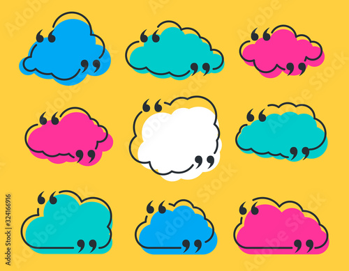 Quote box frame set as clouds isolated on yellow background. Template for posting quotes or motivational messages. Quotation, comment or thought bubbles.