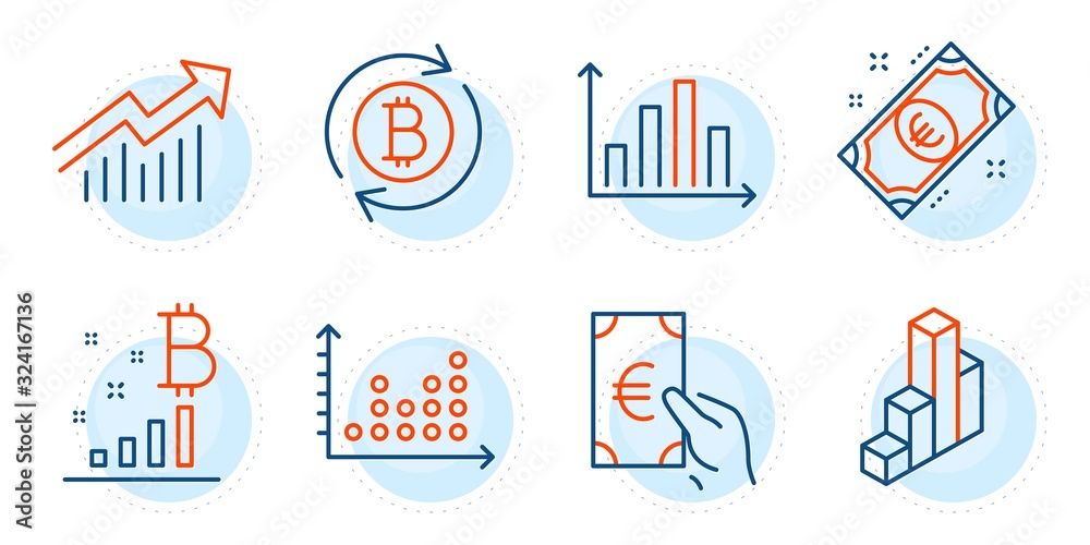 Euro money, Diagram graph and 3d chart signs. Bitcoin graph, Refresh bitcoin and Dot plot line icons set. Finance, Demand curve symbols. Cryptocurrency analytics, Update cryptocurrency. Vector