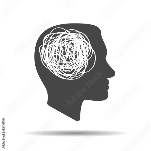 silhouette of human head with tangled line inside, like brain. concept of chaotic thought process, confusion, personality disorder and depression.