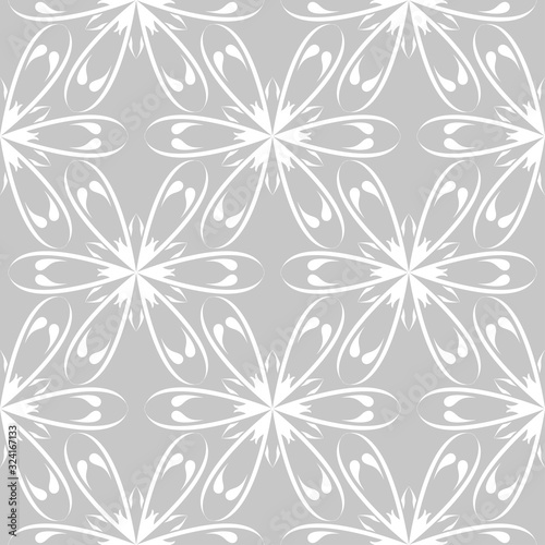 Floral seamless pattern. White flowers on gray monochrome background