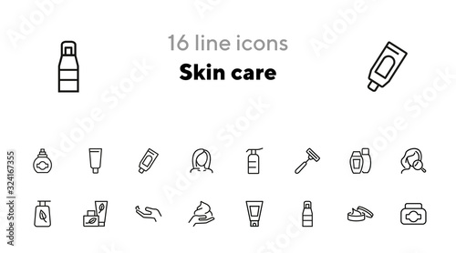 Skin care products line icon set. Cream, shaving stick, face and magnifier glass. Beauty concept. Can be used for topics like beautician, cosmetics, natural ingredients