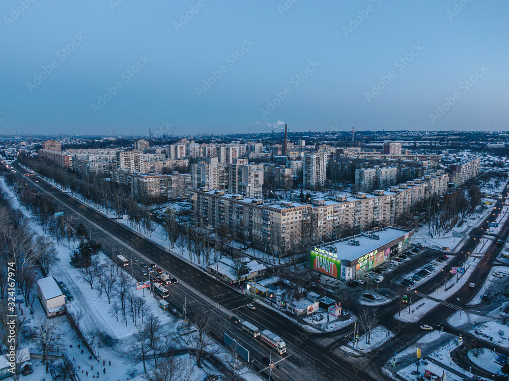 зимний город с птичьей высоты, winter city with a bird's eye view