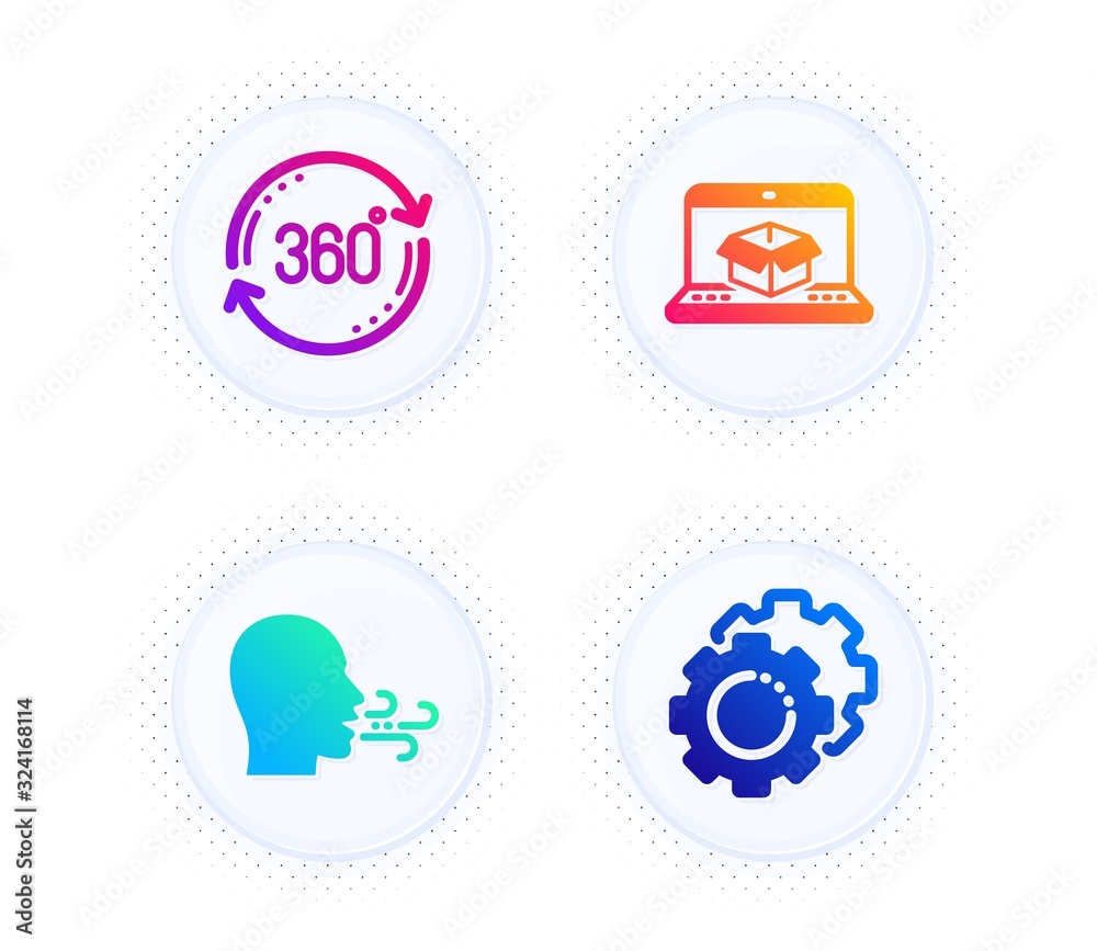 Full rotation, Breathing exercise and Online delivery icons simple set. Button with halftone dots. Settings gears sign. 360 degree, Breath, Parcel tracking website. Technology process. Vector