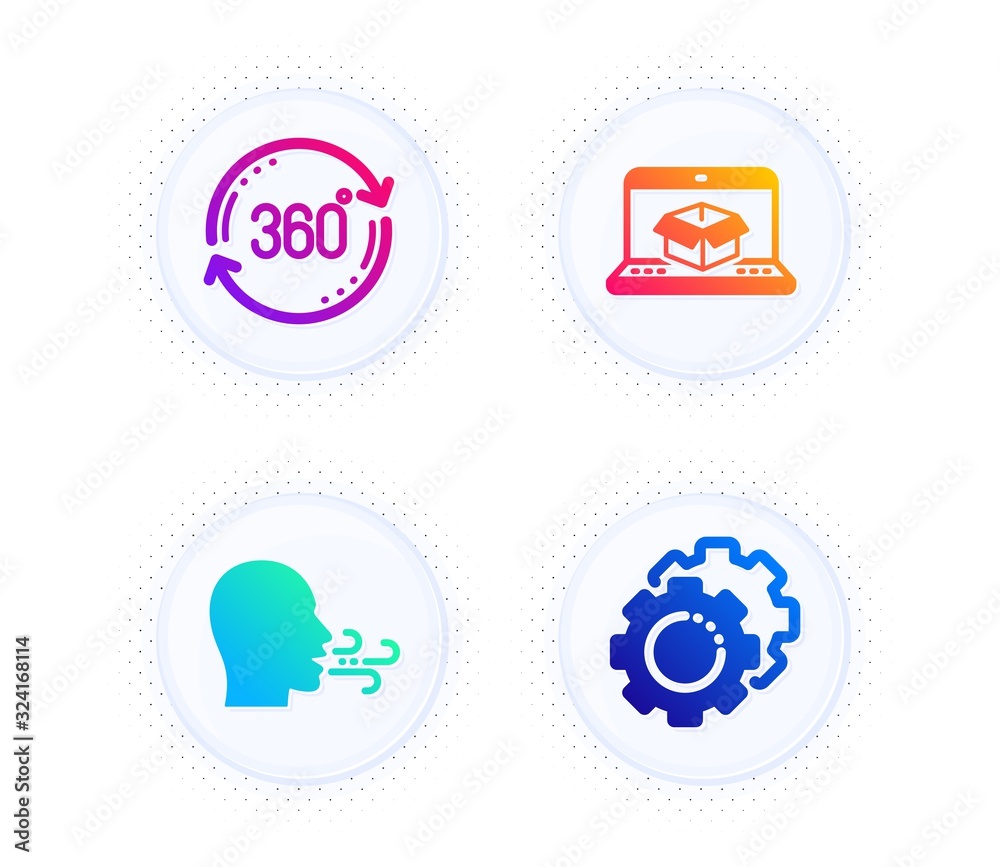 Full rotation, Breathing exercise and Online delivery icons simple set. Button with halftone dots. Settings gears sign. 360 degree, Breath, Parcel tracking website. Technology process. Vector Full rotation, Breathing exercise and Online delivery icons simple set. Button with halftone dots. Settings gears sign. 360 degree, Breath, Parcel tracking website. Technology process. Vector