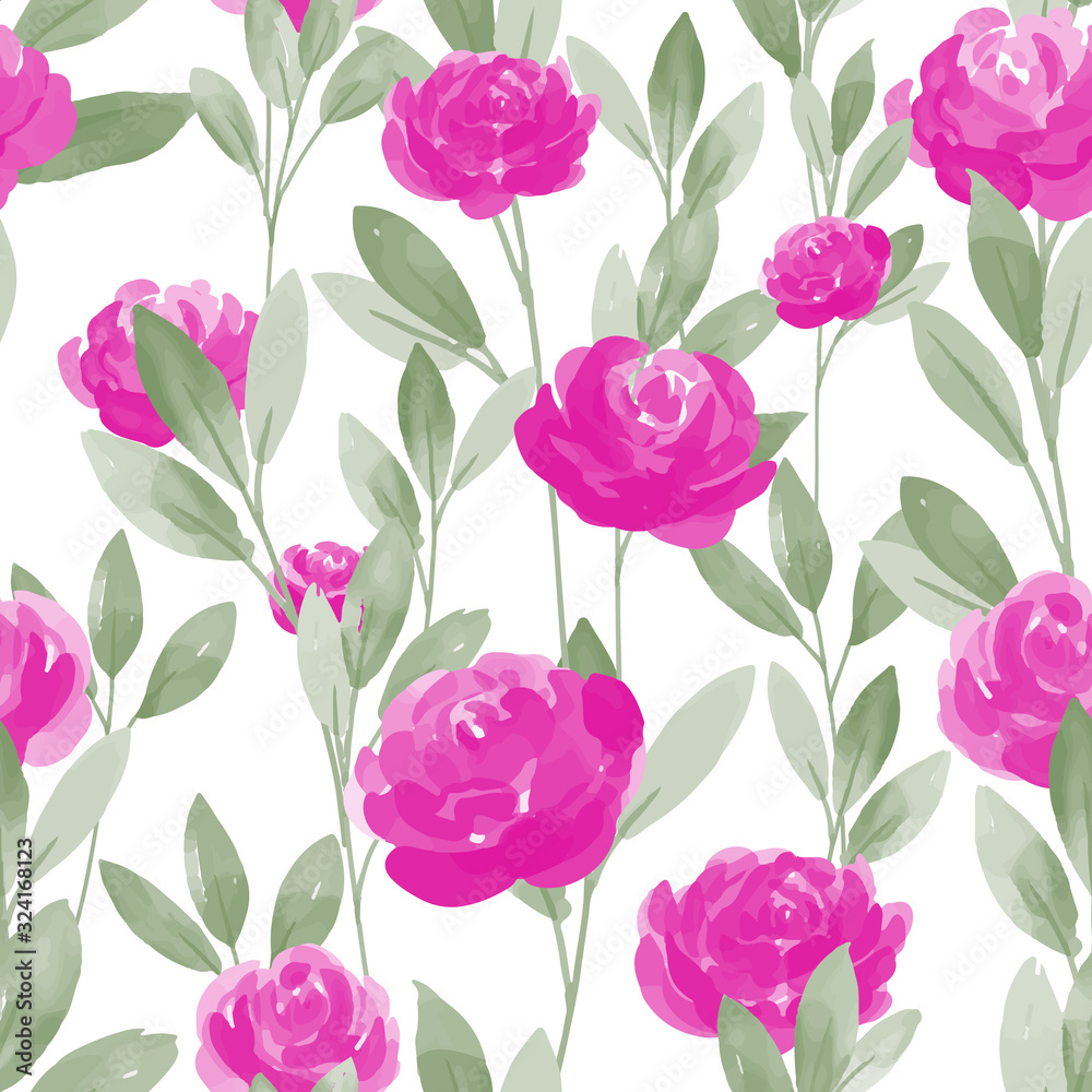 Seamless pattern with pink rose flower branches with leaves on white background. Vector illustration  in watercolor style.