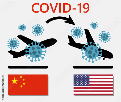 COVID-19, Novel corona virus (2019-nCoV), icon of departure of coronavirus-charged plane from China and arriving in United States. pandemic concept of international contamination