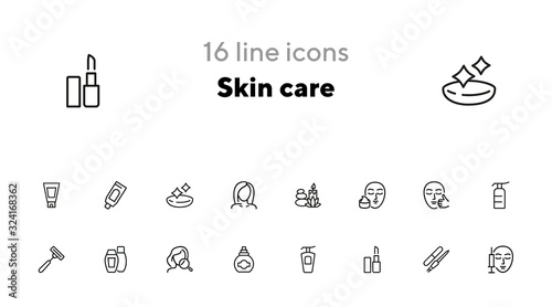 Skin care line icon set. Injection, lipstick, manicure. Beautician concept. Can be used for topics like beauty salon, makeup, cosmetology