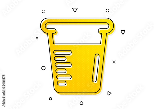 Glass water sign. Cooking beaker icon. Measuring cup symbol. Yellow circles pattern. Classic cooking beaker icon. Geometric elements. Vector