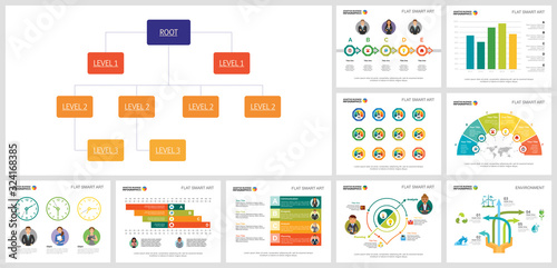 Colorful analytics template set for workflow design, HR report, presentation slide, web design. Business and HR productivity concept with organizational diagram, time, bar, process, and step charts.