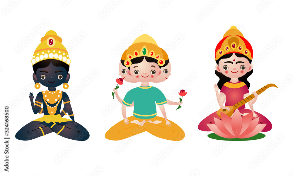 Different colorful sitting hindu in lotus pose deities vector illustration Different colorful sitting hindu in lotus pose deities vector illustration