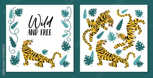 Collection of two parts of card with tigers and handwritten lettering vector illustration. Wild and free text trendy style design. Animals and tropical leaves