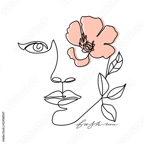 Trendy abstract one line woman face with leaves, flower and lettering. Typography slogan design "fashion" sign. Continuous line print for textile, poster, card, t-shirt etc. Vector illustration.