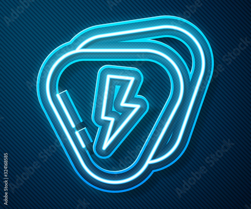 Glowing neon line Guitar pick icon isolated on blue background. Musical instrument. Vector Illustration
