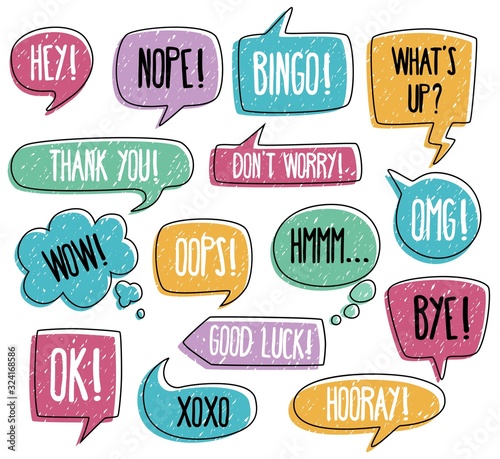 Set of dialogues for quick answers in messenger vector illustration. Different forms and colours of speech bubbles flat style design. Communication concept. Isolated on white
