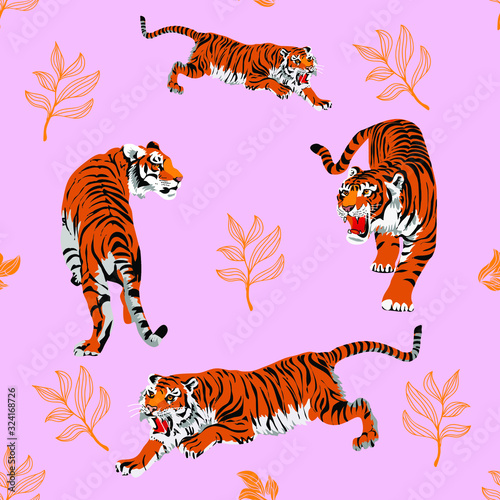 Vector seamless pattern of several beautiful tigers on a pink background.