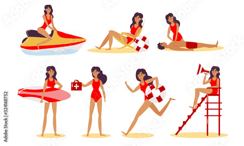 Young pretty women beach lifeguards in red swimsuites vector illustration