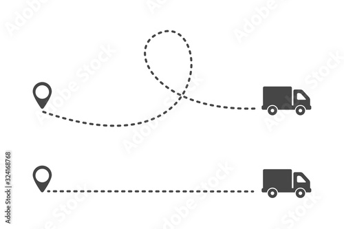 Multiple truck trakes with dotted lines. Pin map location of truck delivery on route icon design element on white background