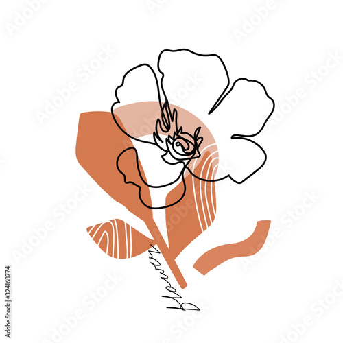 Trendy abstract one line flower with pastel shapes and lettering. Fashion typography slogan design "flower" sign. Continuous line print for textile, poster, card, t-shirt etc. Vector illustration.