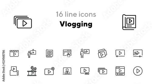 Vlogging line icon set. Set of line icons on white background. Video production concept. Video folder, editing, playlist. Vector illustration can be used for topics like production, vlogging, cutting