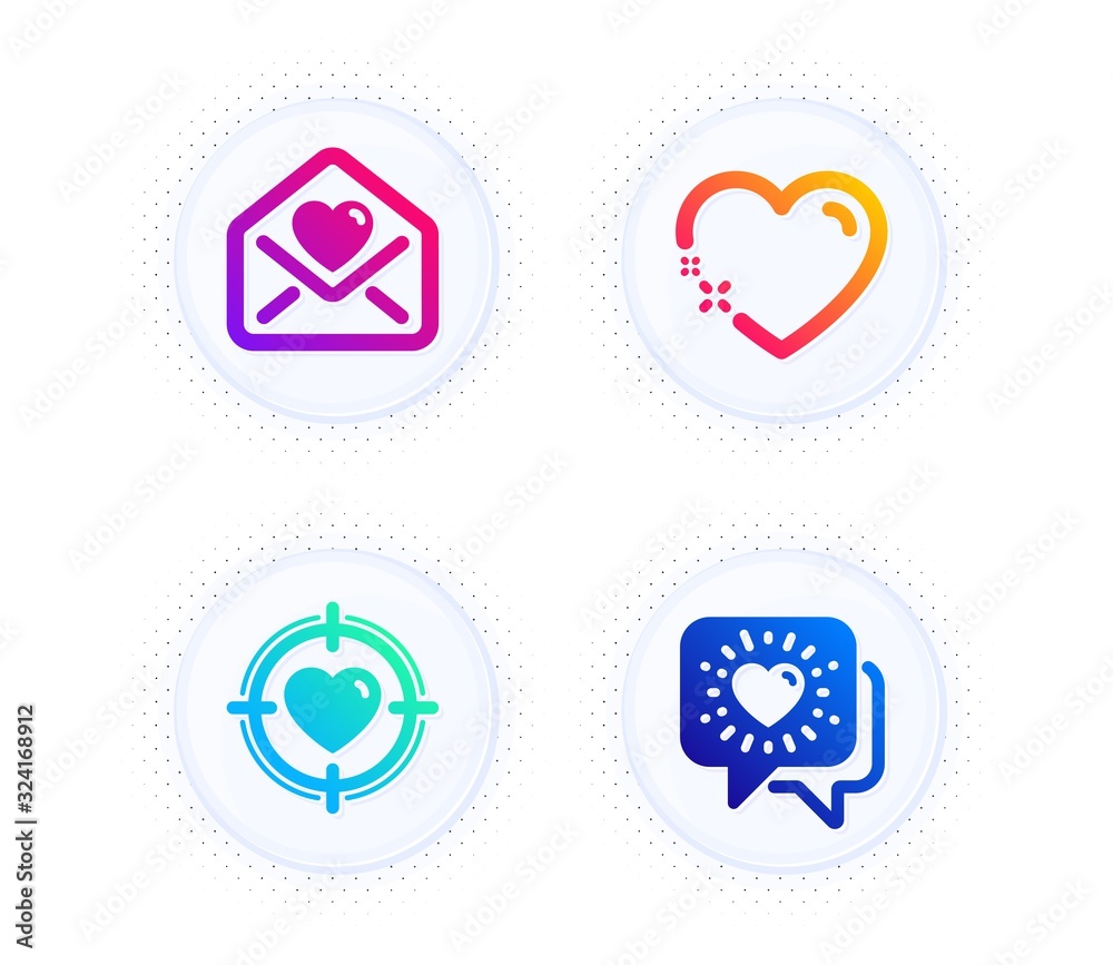 Heart, Love letter and Valentine target icons simple set. Button with halftone dots. Friends chat sign. Love, Heart, Friendship. Love set. Gradient flat heart icon. Vector