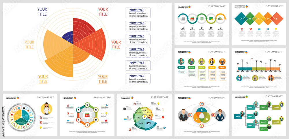 Bright analytic charts design set for report document layout, annual analytics, slide, site design. Business and statistics concept with radial diagram, bar, percentage, process, and flow charts.
