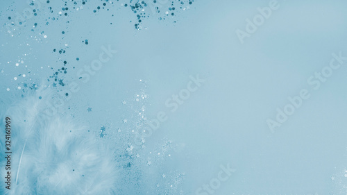 feathers on festive blue background with glitters